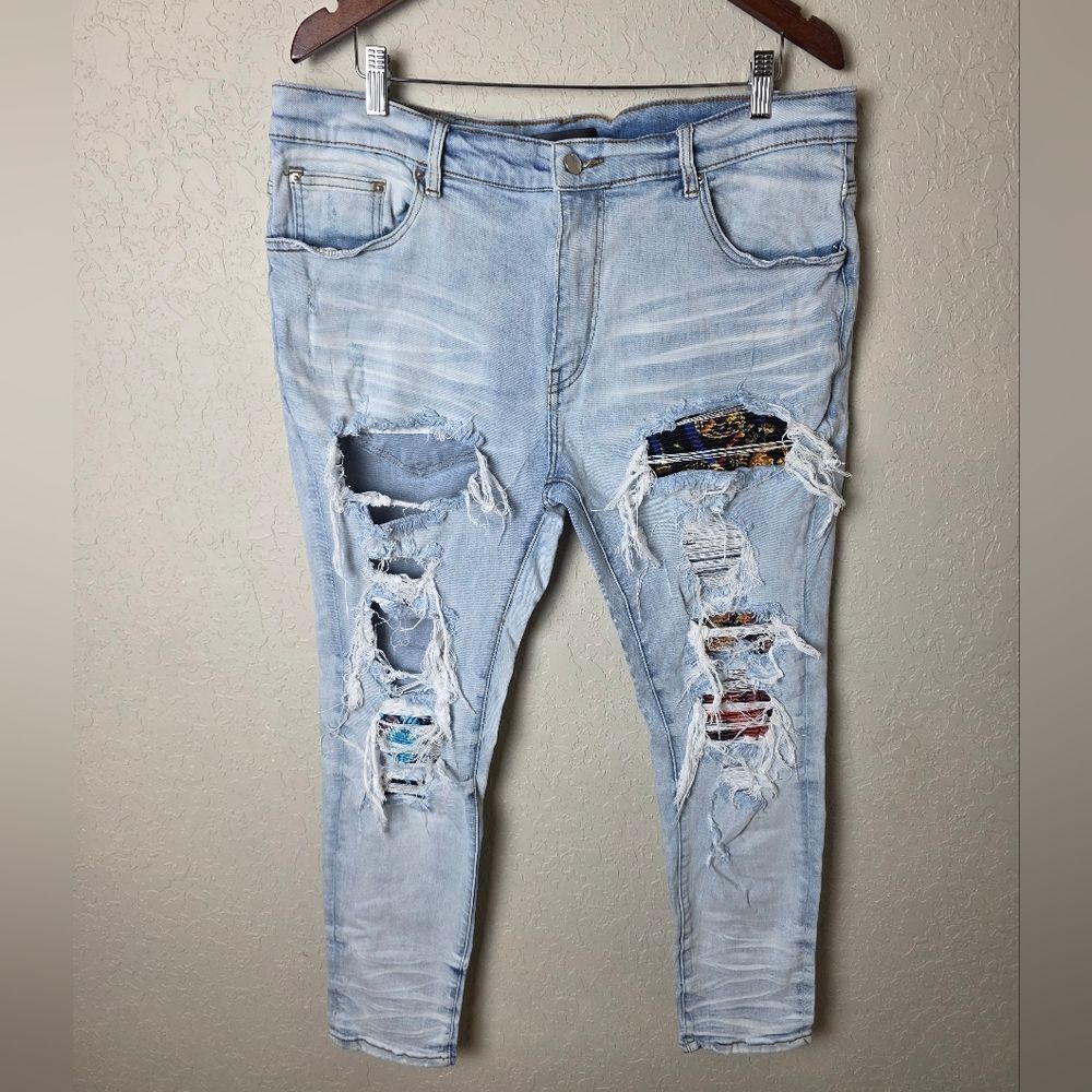 Amiri Jeans Mens Patchwork Destroyed Skinny Denim Jeans Light Wash Size 40